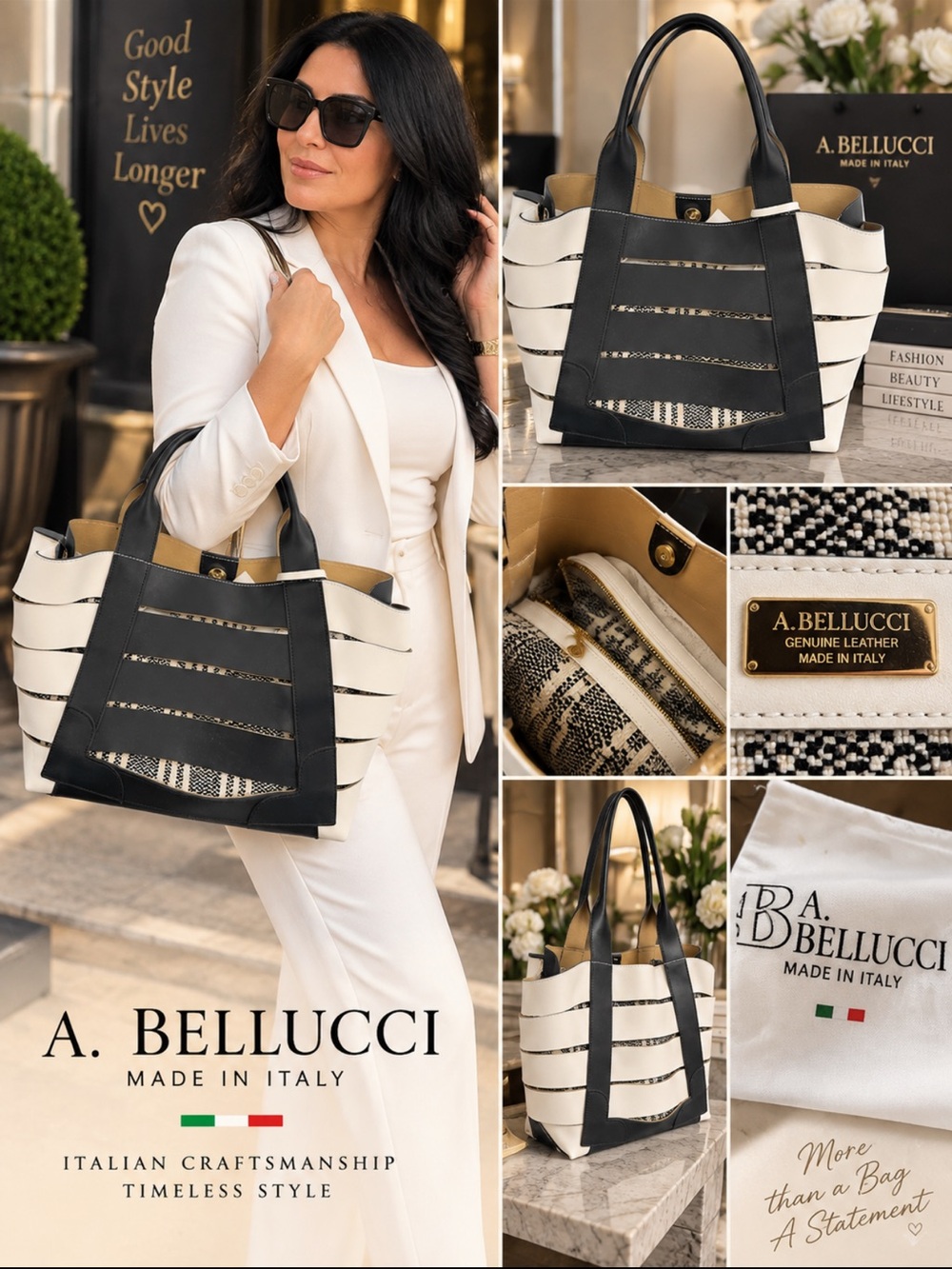 Black & White Leather Tote Bag